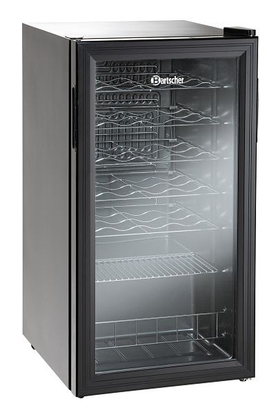 Flaschenkühlschrank klein mit Glastür "Standard" Gehäuse schwarz, 430x480xH 825mm, 88 Liter, 230V 0,08 kw  